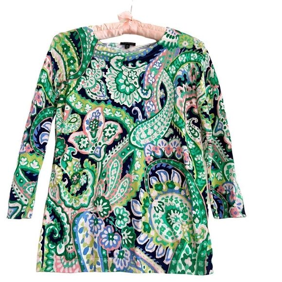 Talbots XS Paisley Cotton Knit Long Sleeve Crew Neck Sweater Pink Green Black - Picture 1 of 5